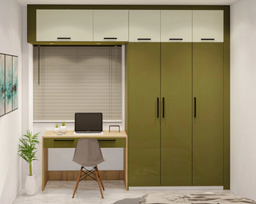 Contemporary Green And White Wardrobe Design With Attached Study Table